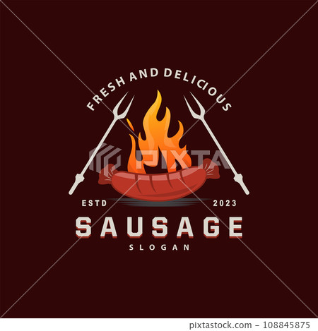 Sausage Logo, Sausage Food Grill Vector, Simple Retro Vintage Design Restaurant Inspiration 108845875