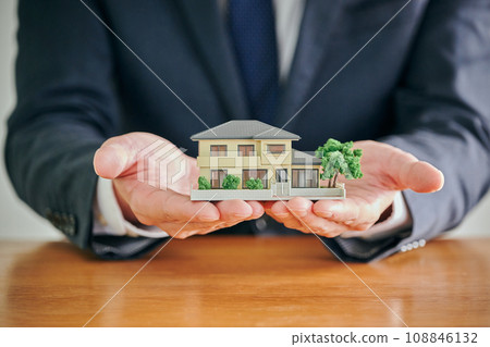 A male lawyer holding a house model in his palm 108846132