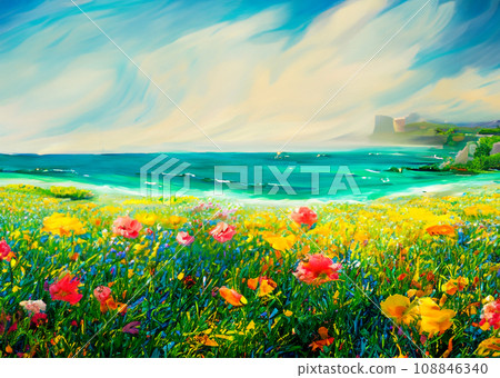 Illustration of a landscape seen from a flower garden along the coast 108846340