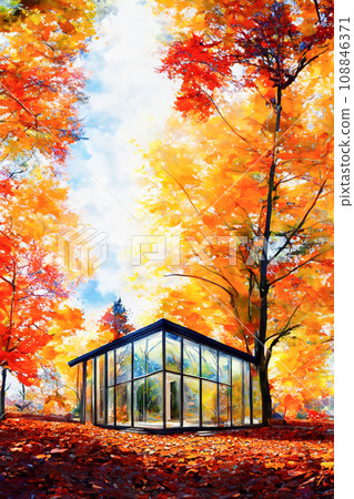 Illustration of a glass house in the autumn leaves forest with blue sky 108846371