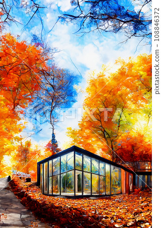 Illustration of a glass house in the autumn leaves forest with blue sky 108846372