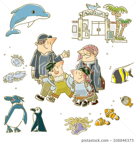 Illustration set of a family enjoying an aquarium 108846373