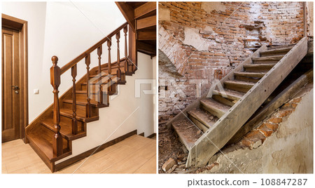 Comparison of modern brown wooden oak staircase with carved railing in new renovated apartment interior and old ladder stairs. Before renovation and after house reconstruction collage. 108847287