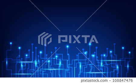 Hi tech digital circuit board. AI pad and electrical lines connected on blue lighting background. futuristic technology design element concept 108847476