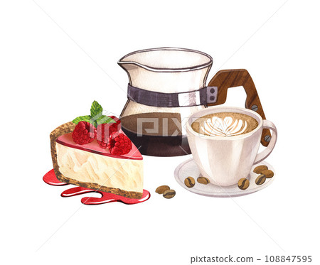 Coffee cup latte, coffee pot and dessert, cheesecake with raspberries and jam. Cake and hot drink decorated with heart of milk. Watercolor hand drawn illustrations, isolated on white background. Coffee cup latte, coffee pot and dessert, cheesecake with raspberries and jam. Cake and hot drink decorated with heart of milk. Watercolor hand drawn illustrations, isolated on white background. 108847595