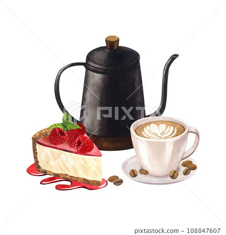 Coffee cup latte, coffee pot and dessert, cheesecake with raspberries and jam. Cake and hot drink decorated with heart of milk. Watercolor hand drawn illustrations, isolated on white background. 108847607