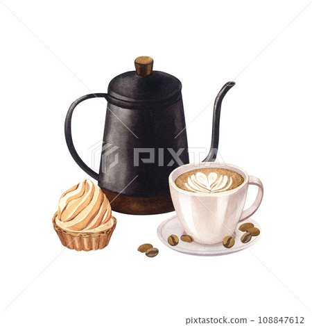 Coffee cup latte, coffee pot and muffin with cream. Group object cake and hot drink decorated with heart of milk. Watercolor hand drawn illustrations, isolated on white background. 108847612