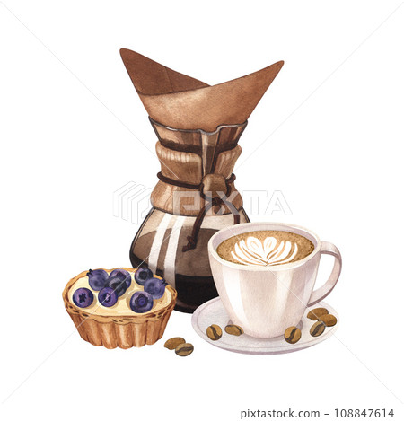 Vintage glass original coffee glass maker with cup hot latte cappuccino with froth heart of milk and dessert tart with blueberry. Watercolor hand drawn illustrations, isolated on white background. 108847614