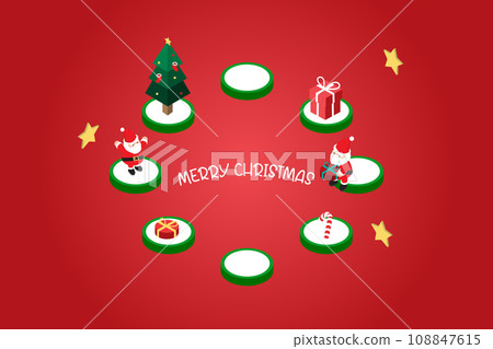 isometric Christmas banner template with Christmas gift box on the small circle podium isometric Christmas banner template with Christmas gift box on the small circle podium 108847615