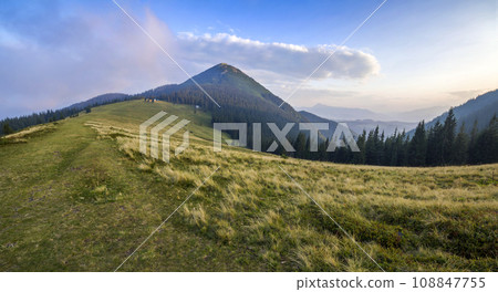 Beautiful peaceful view of green grassy steep slope and rural small peasant huts at the foot of magnificent distant Carpathian mountain in Ukraine on bright sunny summer day. 108847755