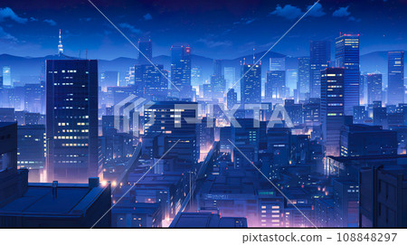 Anime style illustration of a night view of a - Stock