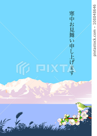 雪山背景下梅花鳥等待春天的冬季問候明信片 108848646