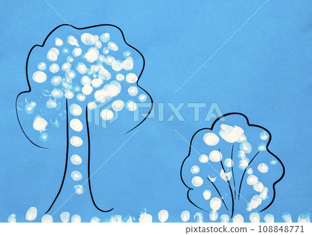 Abstract drawing of a tree and a bush on blue Abstract drawing of a tree and a bush on blue 108848771