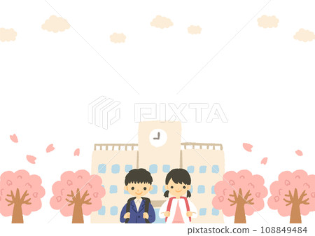 小學生、櫻花和學校插畫 108849484
