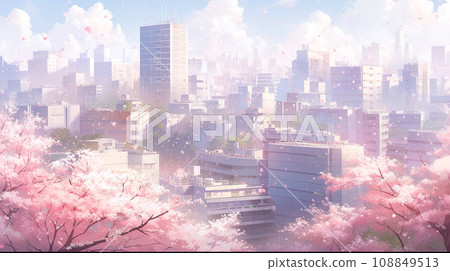 Anime-style illustration landscape of beautiful cherry blossoms in full bloom and the city "AI generated image" 108849513