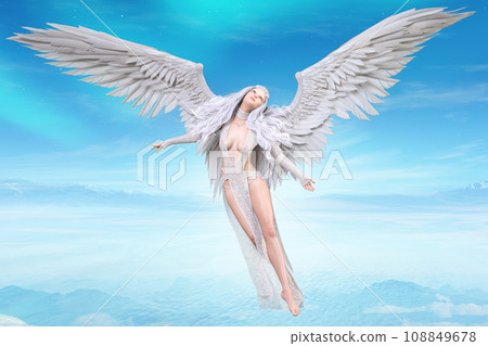 一位張開翅膀的天使在藍色的太空中翩翩起舞。 108849678