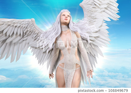 一個張開翅膀的天使在藍色的空間中仰望遠方 108849679