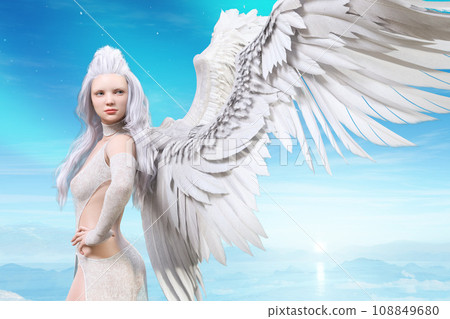 藍色空間中，雙手叉腰，展開翅膀的天使轉身。 108849680