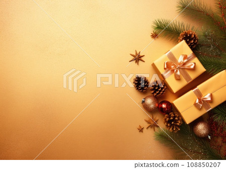 Christmas and new year border with fir branches and decoration ornaments elements on golden background. Realistic 3d design. Bright Christmas and New Year background light garlands, gold confetti. AI 108850207