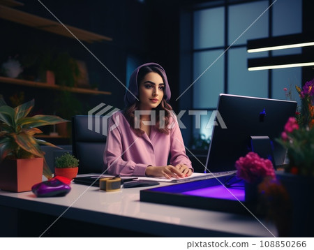 portrait hijab young woman, amazed happy arabian asian muslim woman in abaya hijab, Close-up portrait of attractive cheery modest muslimah. AI Generative. 108850266