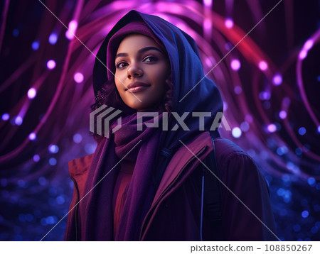 portrait hijab young woman, amazed happy arabian asian muslim woman in abaya hijab, Close-up portrait of attractive cheery modest muslimah. AI Generative. 108850267
