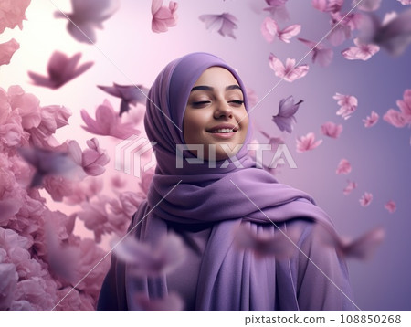 portrait hijab young woman, amazed happy arabian asian muslim woman in abaya hijab, Close-up portrait of attractive cheery modest muslimah. AI Generative. 108850268