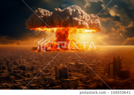 Nuclear blast and mushroom cloud in a city skyline. The explosion is destroying buildings and causing chaos and destruction. Apocalyptic mood. Devastation of war or the aftermath of a disaster 108850641