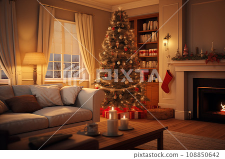 A cozy interior living room with burning fireplace decorated for Christmas with a Christmas tree with presents gift boxes. The image captures the warm and inviting atmosphere of the holiday season 108850642