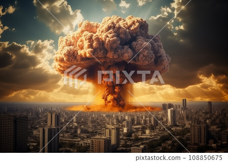 Nuclear blast and mushroom cloud in a city skyline. The explosion is destroying buildings and causing chaos and destruction. Apocalyptic mood. Devastation of war or the aftermath of a disaster Nuclear blast and mushroom cloud in a city skyline. The explosion is destroying buildings and causing chaos and destruction. Apocalyptic mood. Devastation of war or the aftermath of a disaster 108850675
