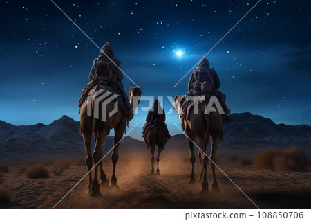 Christmas Jesus birth concept - Adoration of the Magi, Three Wise Men, Three Kings, and the Three biblical Magi with camel silhouettes journeying in sand dunes of desert follow Bethlehem star at night 108850706