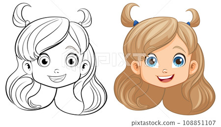 Cheerful Girl Cartoon: Smiling Head and Doodle Outline 108851107