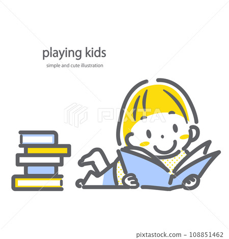 A girl enjoying a picture book - simple and cute line drawing illustration A girl enjoying a picture book - simple and cute line drawing illustration 108851462