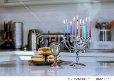 Hanukkah symbols on Hanukkiah Menorah are symbols of Jewish holiday Hanukkah Hanukkah symbols on Hanukkiah Menorah are symbols of Jewish holiday Hanukkah 108851468