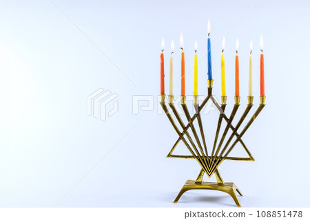 Hanukkiah Menorah symbol represents Jewish holiday Hanukkah during Hanukkah Hanukkiah Menorah symbol represents Jewish holiday Hanukkah during Hanukkah 108851478