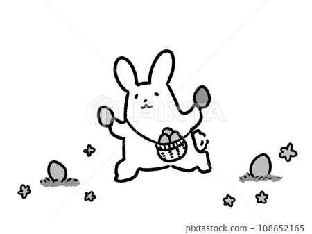 Loose and cute hand-drawn monochrome illustration of a rabbit happily hunting eggs 108852165