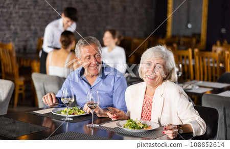 Elderly couple of spouses, husband and wife, communicate in restaurant during dinner. 108852614