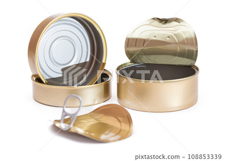 Two Opened Empty Tin Cans With Broken Cover Isolated on White Background 108853339