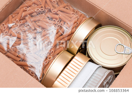Carton Box with Canned Food, Cereals and Grocery - Donation Box or Food Reserves 108853364