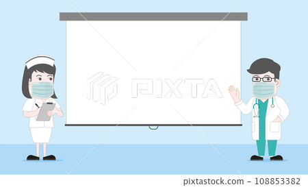 Blank text box. The doctor and nurse wear surgical mask explain lecture by slide blank slide presentation. 108853382