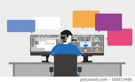Man meeting by video conference. Using computer for chatting and working. Man meeting by video conference. Using computer for chatting and working. 108853486