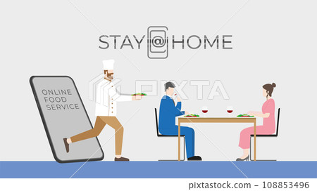 ouple have romantic dinner dating at home. Using online food delivery application. 108853496