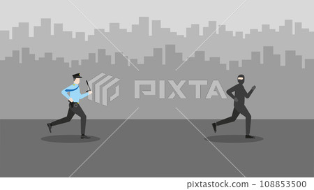 Thief running away escape from Policeman in the city at night. Thief running away escape from Policeman in the city at night. 108853500
