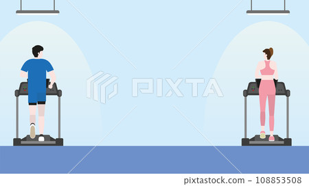 Couple running and jogging on treadmill in fitness center. 108853508