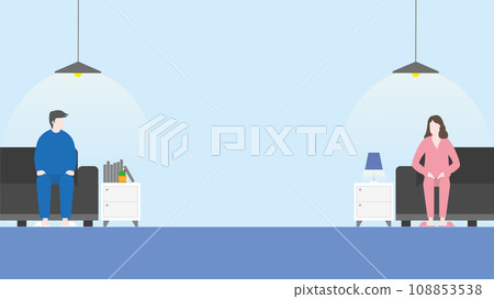 Post quarantine. Couple wearing sleepwear and slippers at home separate sitting on sofa Post quarantine. Couple wearing sleepwear and slippers at home separate sitting on sofa 108853538
