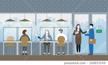 Post quarantine. Business people standing at checkpoint before enter coffee cafe 108853549