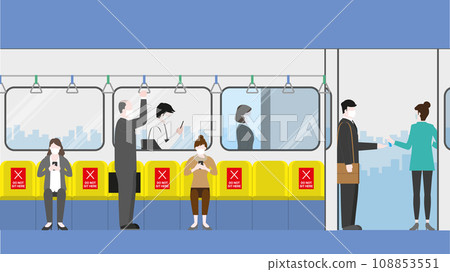 Business people queue for hand sanitizer checkpoint before train public transportation Business people queue for hand sanitizer checkpoint before train public transportation 108853551