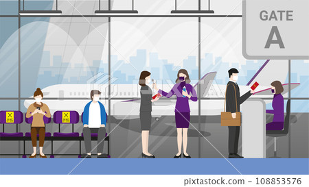 People wearing mask and social distancing queue for airline crew checkpoint at boarding gate 108853576
