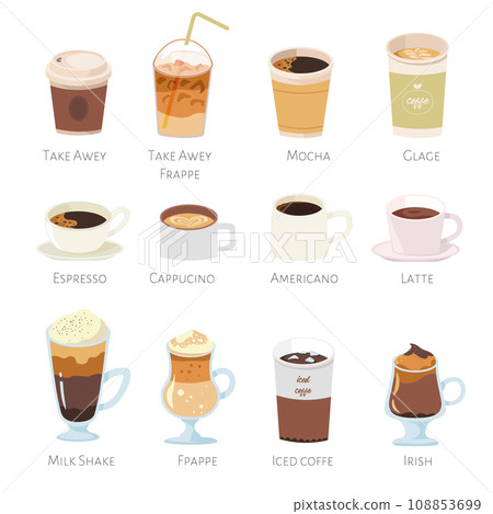 Various caffeine drinks, beverages for cafe menu 108853699