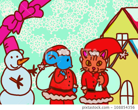 Christmas cute mouse and cat santa illustration 108854356