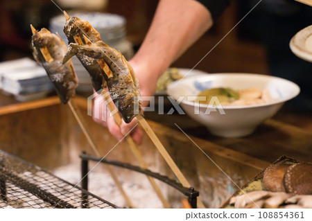 在壁爐上烤魚,特寫視圖 在壁爐上烤魚,特寫視圖 108854361